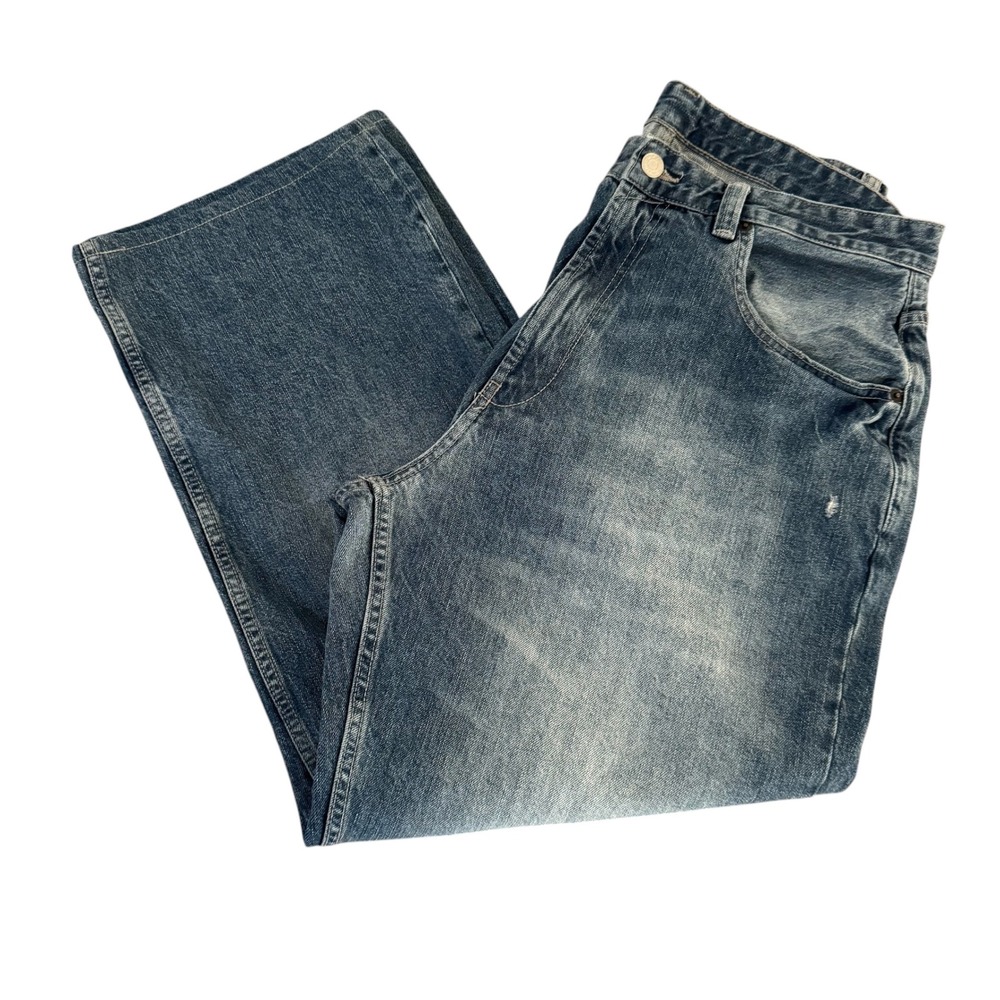 Zara 34x28.5 Blue Faded Distressed Baggy Wide Leg Mens Denim Jeans